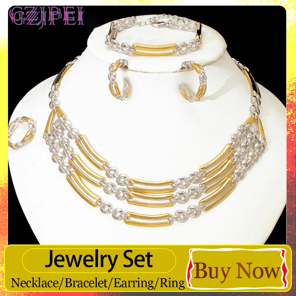 GZJPEI Two Tone Chain Jewelry Set Chunky Mixed Metal Link Ethiopia Dubai Women's Wedding Jewelry Christmas Gift 2025 Trendy New