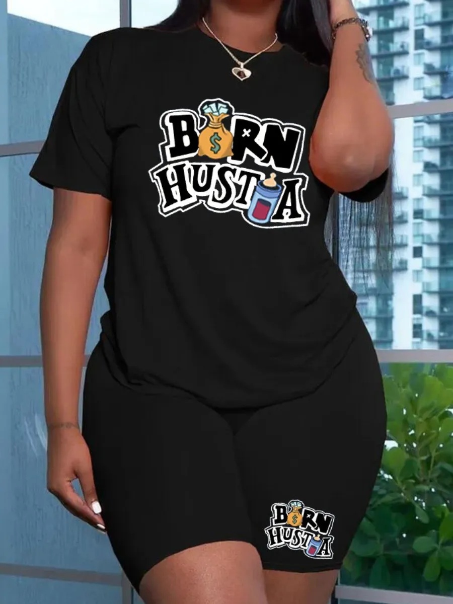 LW Plus Size 2PC Letter Print Regular Fit Shorts Set O Neck Short Sleeve Tee+Skinny Sporty Bottoms Two Pieces Activewears Suits