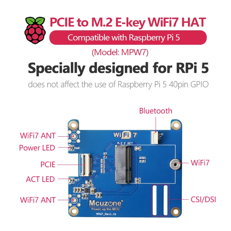 (Model:MPW7) PCIe to WiFi7 Expansion Board for Raspberry Pi 5, support BE200,WiF6E AX210,AX200, compatible with AI Google TPU