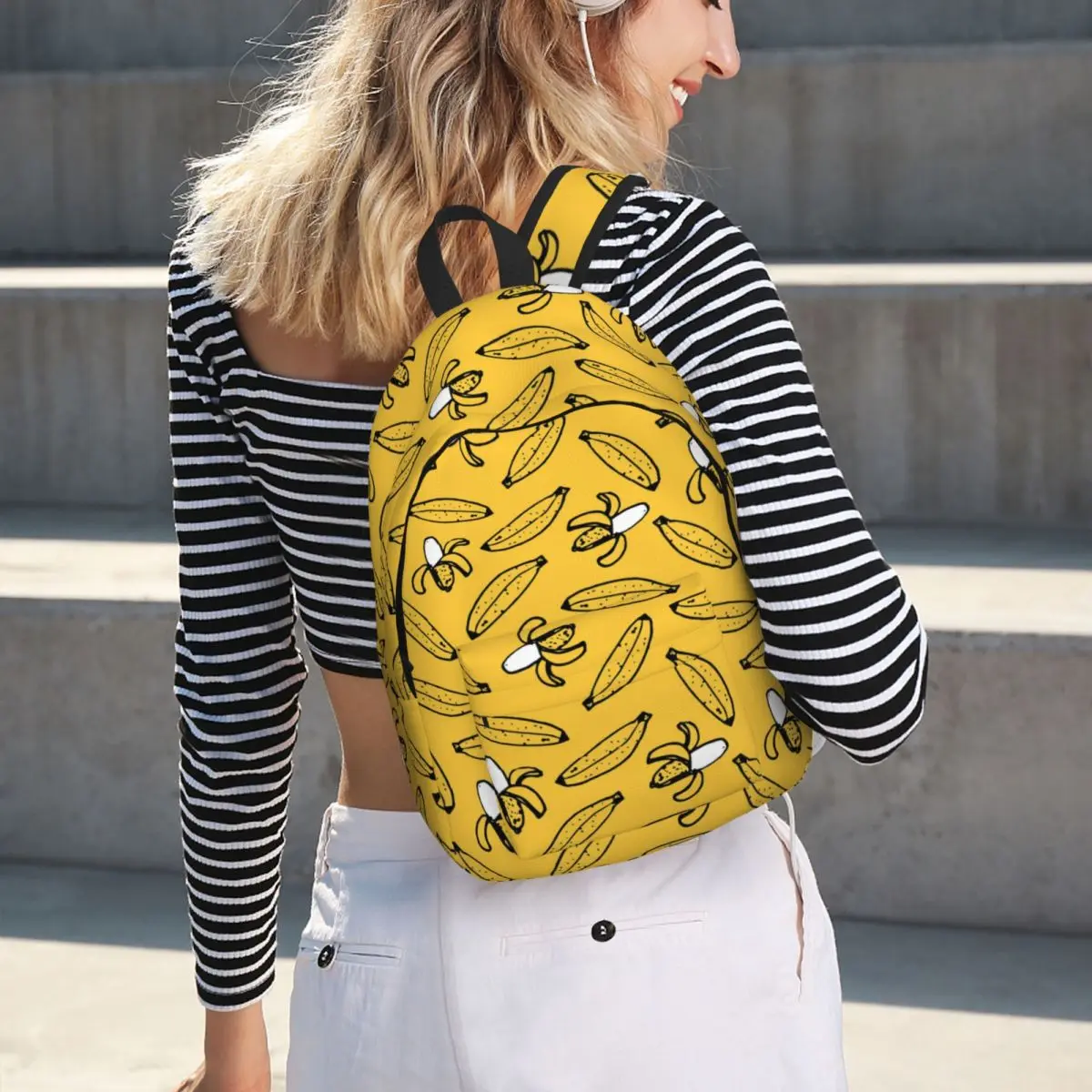 Vector Yellow Bananas Hand Drawn Doodle Repeat Pattern Backpack Hot Sale Daypack BookBag School Bag Shoulder Bags for Men Women
