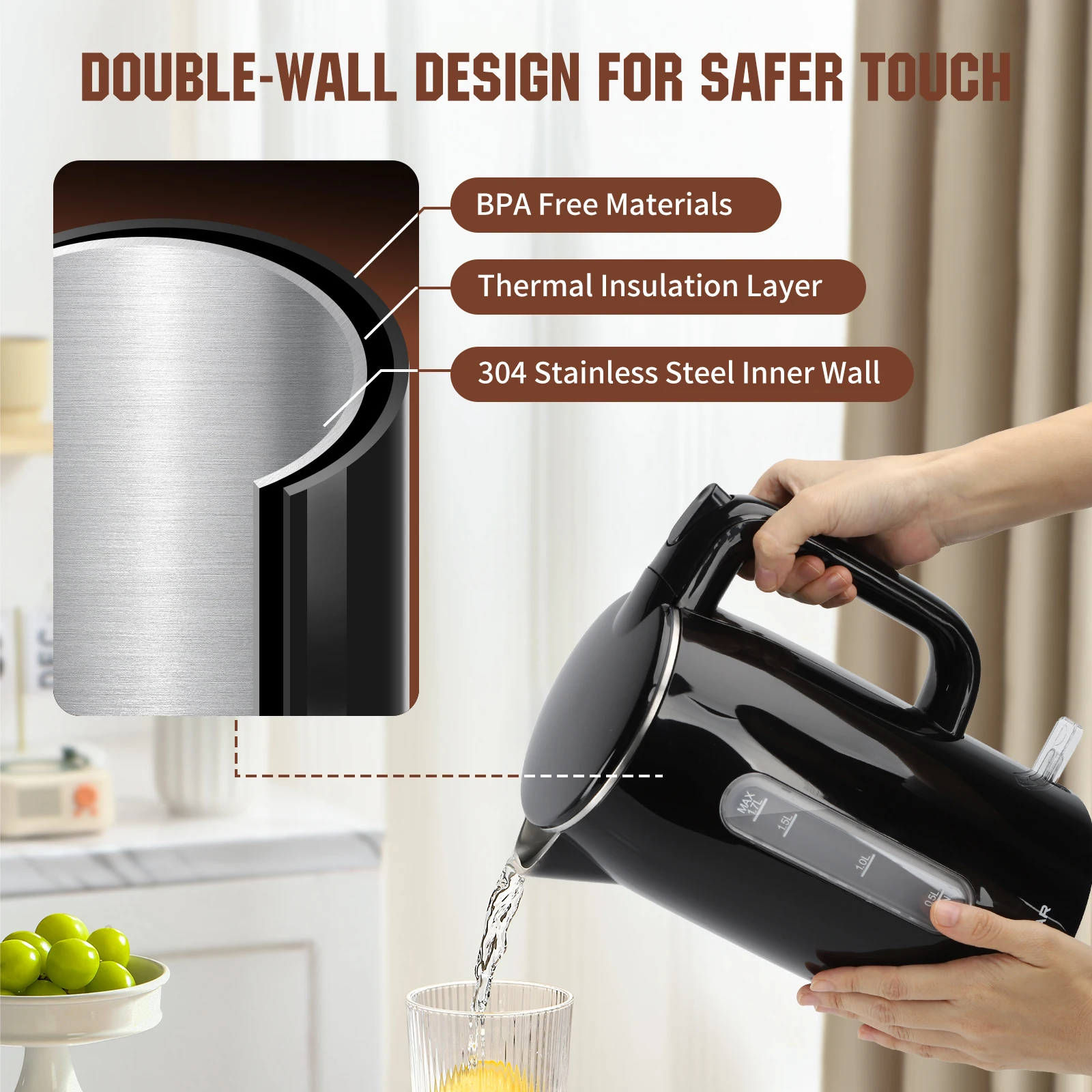 غلاية ستانلس ستيل 1.7 لتر مع مؤشر مستوى الماء، تسخين سريع 4 دقائق حتى 100 ° ج، غلاية كهربائية سوداء