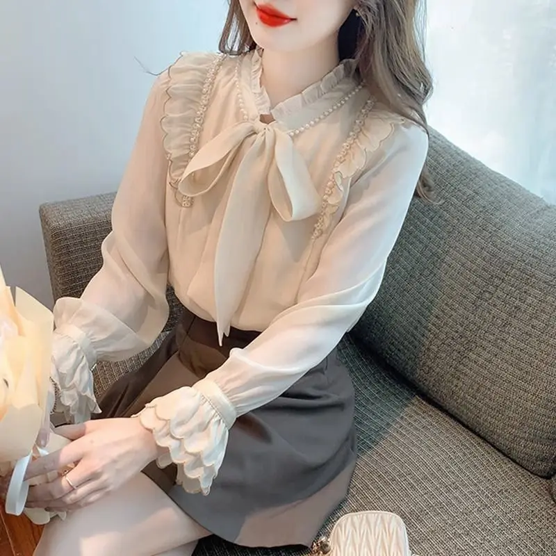 엘레 롱 스웨 여성용 쉬폰 셔츠 매듭 디테일 부드러운 외투 캐주얼 클린핏 얇은 소재 중국 브랜드