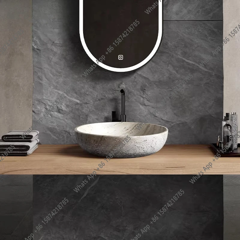 

Medieval style table basin, high-end art bowl-shaped wash basin, creative travertine wash basin