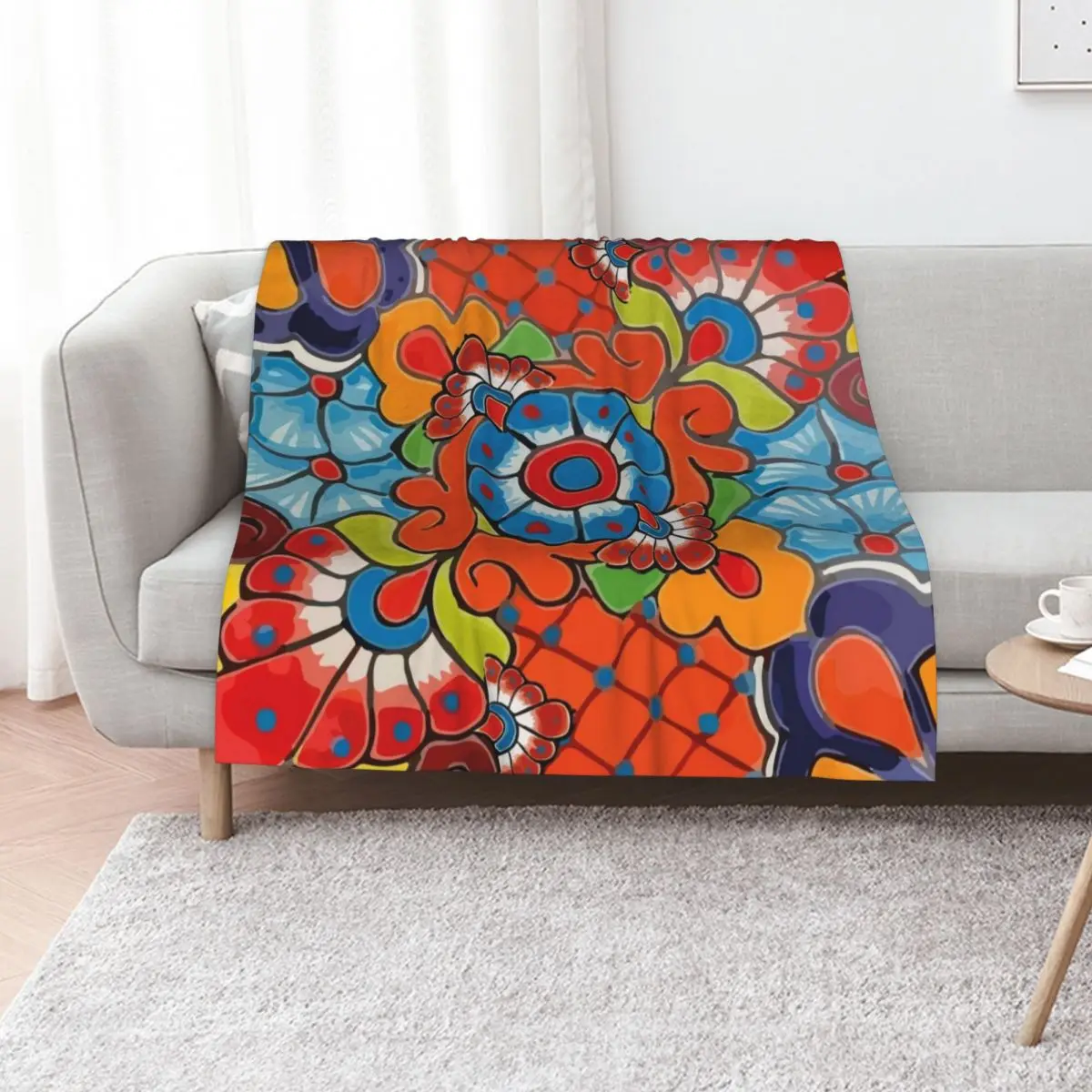 Orange azulejo maximalist mexican flowers talavera tiles Throw Blanket Decorative Throw bed plaid Bed linens anime Blankets