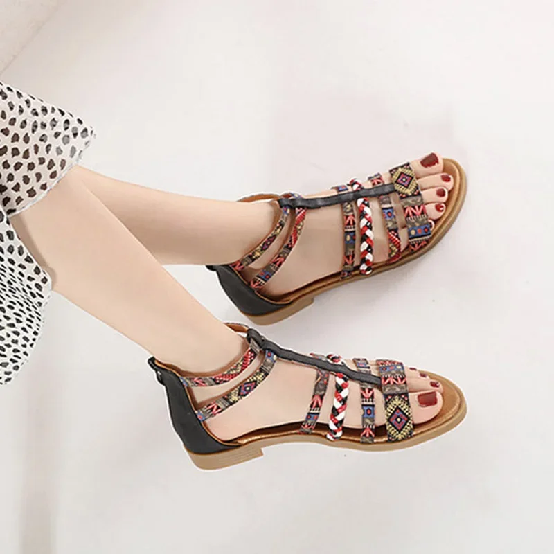 YAERNI 35-42 New Women\'s Large Sandals Summer Sandals Women\'s Bohemian Retro Beaded zipper Rhinestone Flat Shoe
