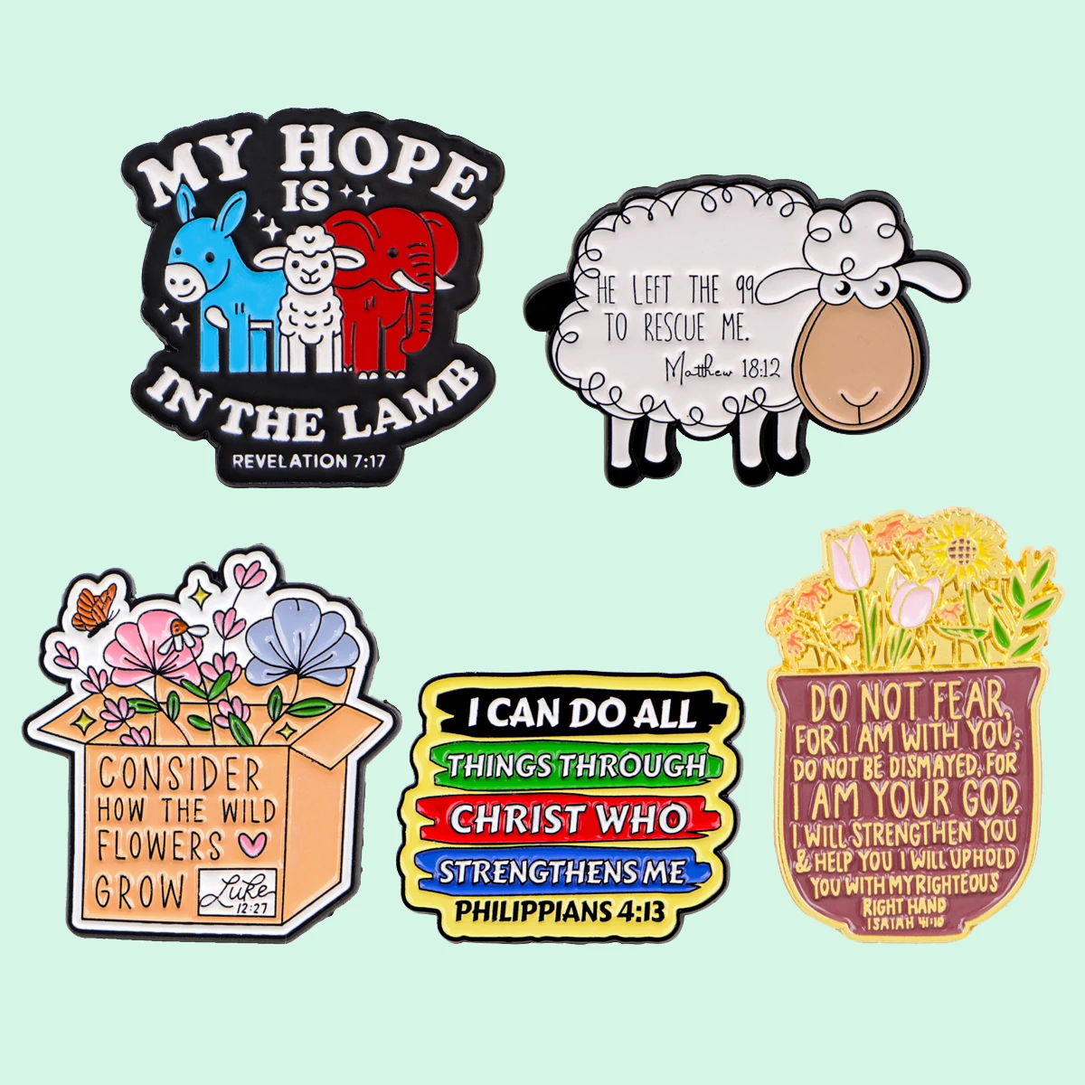 

5pcs/set Bible Quotes Enamel Pins Sheep Metal Brooch Backpack Hat Bag Collar Badges Men Women Fashion Jewelry Collection Gift