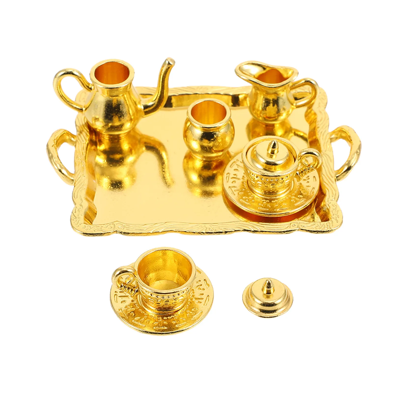 

1Set Mini House Tea Ware Set Realistic Alloy Mini Tea Kettle with Smooth Finish Waterproof Easy Clean Desk Decor Home Craft