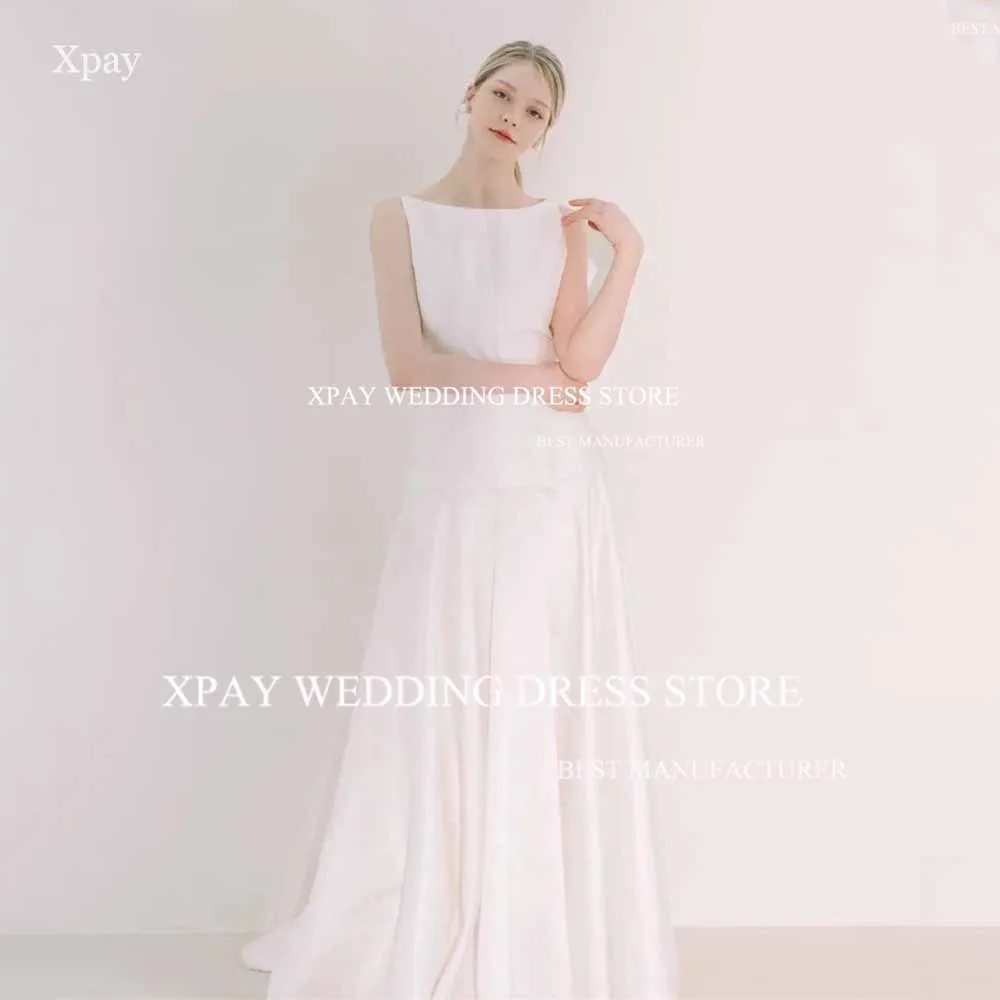 

XPAY Elegant O Neck A Line Korea Wedding Dresses Soft Satin Sleeveless Photography Shoot Backless Elegant Custom Bride Dress