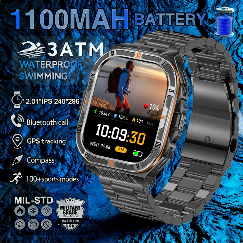 

Новые смарт-часы 2026 года для мужчин: GPS, военные, для активного отдыха, с AMOLED-экраном 2,01 дюйма, водонепроницаемость 3ATM IP69K, компас, звонки, плавание, фитнес