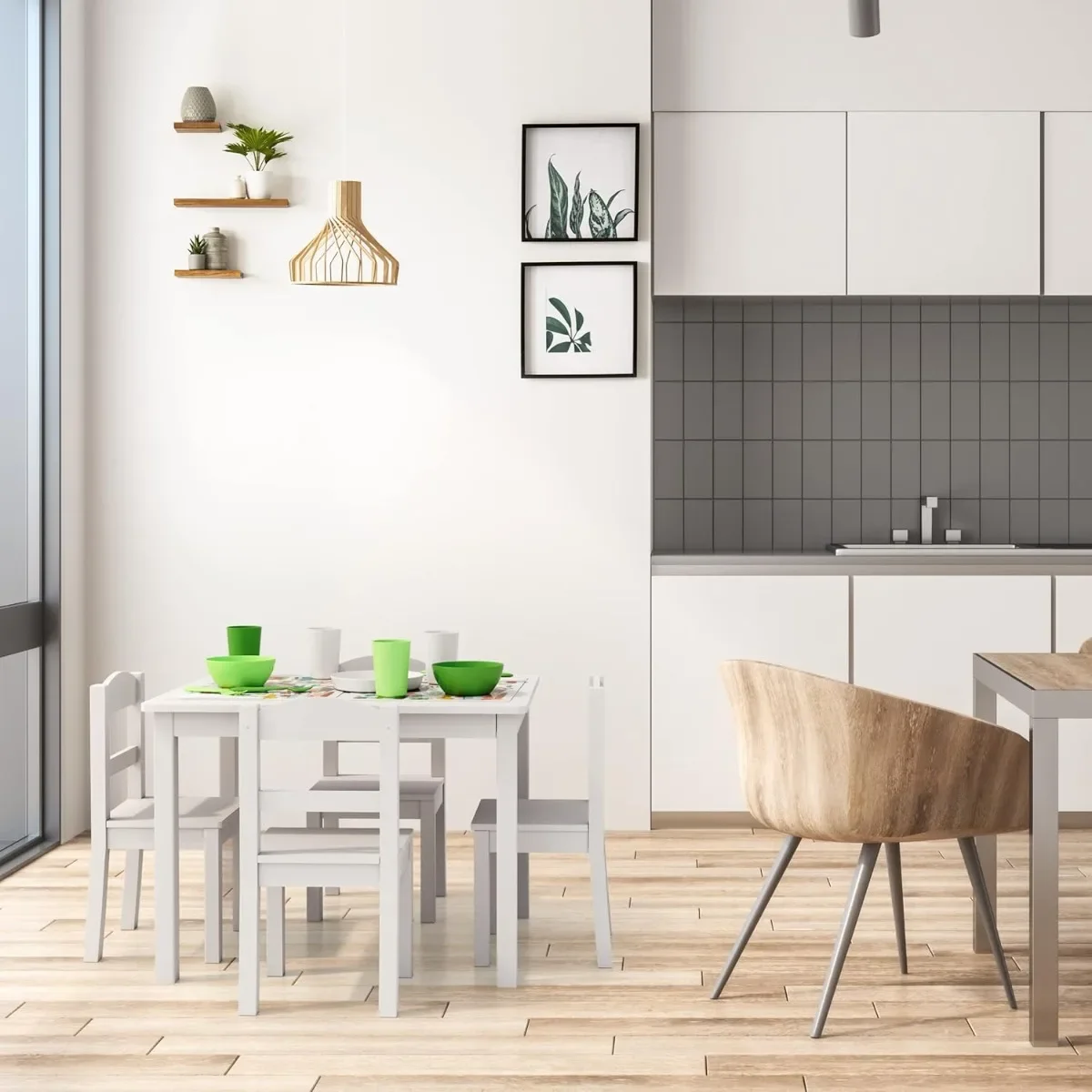 白い木製アートクラフトテーブル、子供用椅子4脚付き、幼児用お絵かきプレイデスクセット、子供の誕生日プレゼント、屋内用