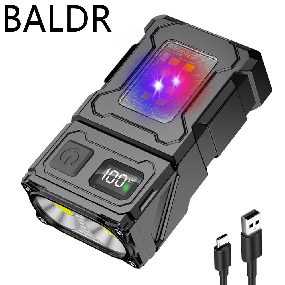 BALDR LED Flashlight Portable Mini Keychain Light Rechargeable Dual Light Source Outdoor Camping Fishing Multifunction Torch