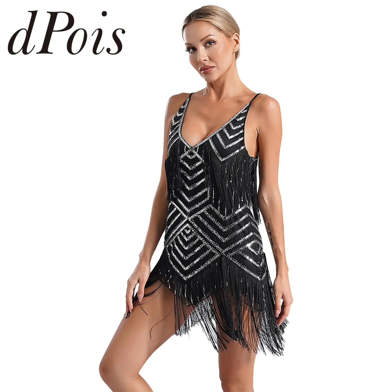 Womens Latin Dance Dresses 1920s Theme Party Costume Femme V Neck Fringe Flapper Dress Shiny Sequins Cha-Cha Tango Dancewear