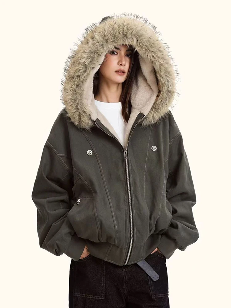 Winter Thick Warm Parkas Female Y2K Korean Loose Fur Collar Hooded Coats Bf Fashion Preppy All Match Jacket Zipper Outwear New