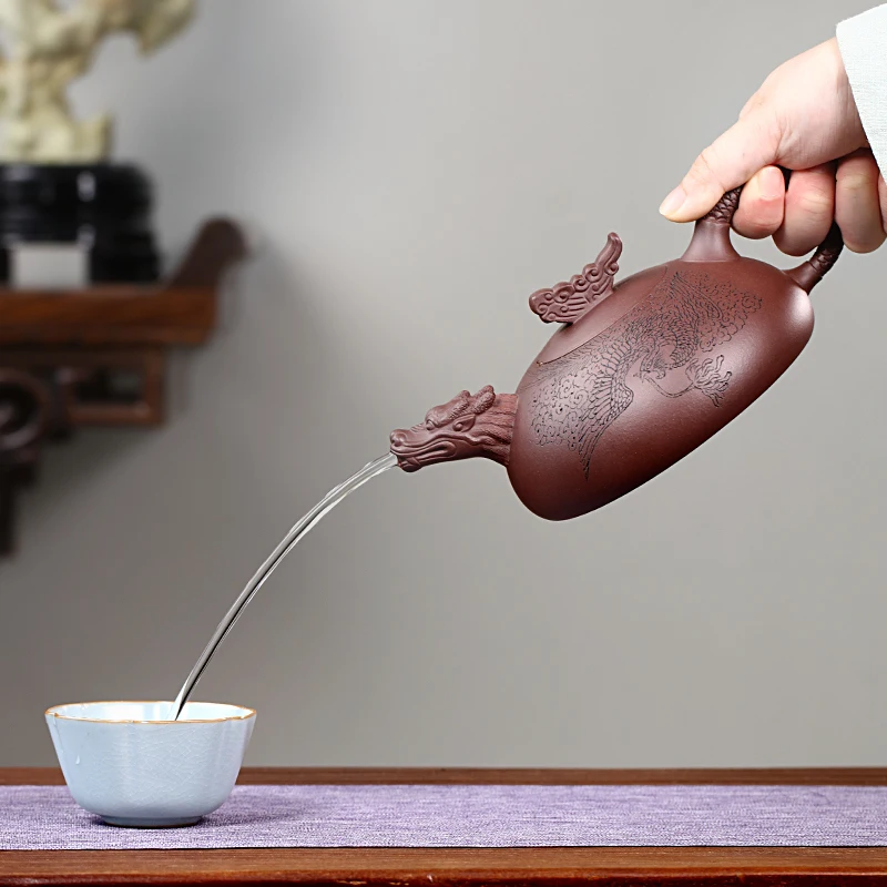 Large Capacity Yi Purple Clay Teapot, Pure Handmade Carved Tea Set, Original Ore, Clay, Household