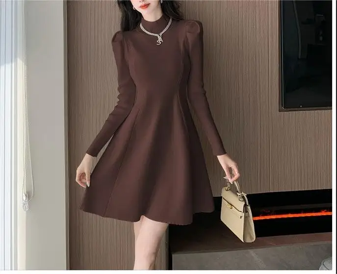 Semi-turtleneck Bubble Sleeves Gentle Wind Temperament Knitted Dress Autumn Spring New Bottom A-word Sweater Skirt