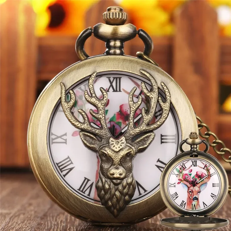 

Vintage Style Pocket Watch with Hollow Out Elk Pattern Half Hunter Quartz Movement Clock Necklace Chain Gift Reloj de bolsillo