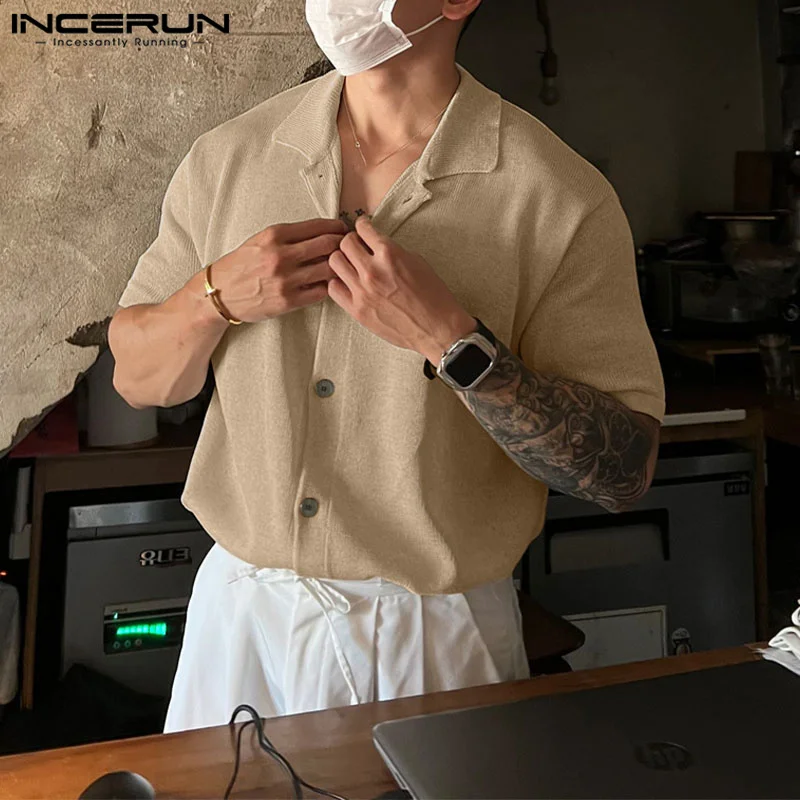 Men Shirt Solid Color Knitted Lapel Short Sleeve Korean Style Summer Men Clothing Streetwear 2023 Casual Shirts S-5XL INCERUN