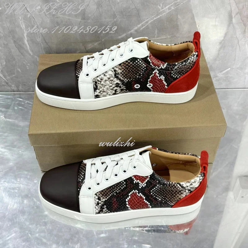 Snake Leather Black Stitching Red Sneakers Men Flat Casual Women Sports Lace-Up Mules Patchwork Spring Fashion Shoes Office Lady