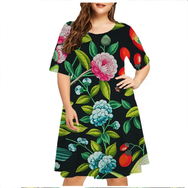 6XL abiti di grandi dimensioni estate pianta fiori stampa donna Plus Size abito manica corta Casual o-collo Mini prendisole abiti da donna