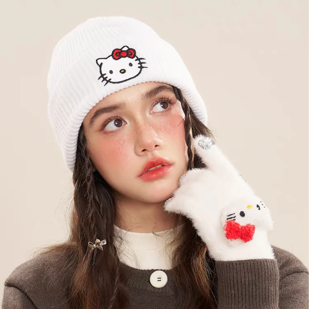 

Sanrio Hello Kitty Embroidered Knitted Hat Cute Kt Cat Student Winter Hat Cartoon Couples Headwear Girls Christmas Gifts