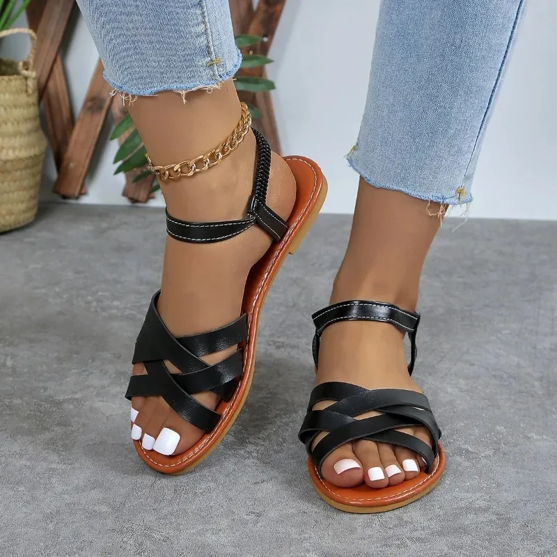 Summer New Women's Flat Bottom Roman Strap Sandals with Non slip Rubber Soles Fashion Women's Shoes