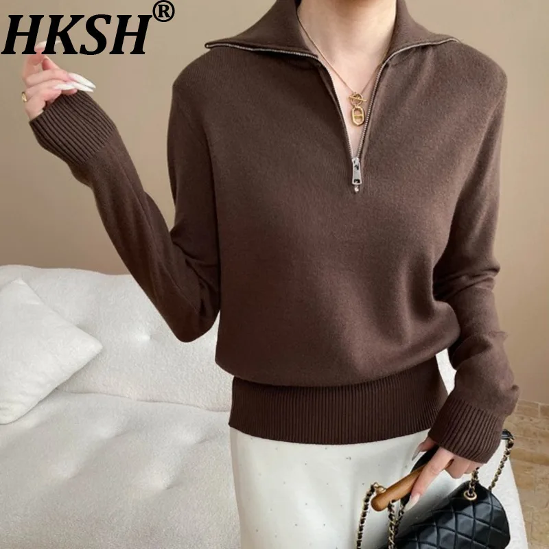 

HKSH осень-зима новый женский свитер на молнии с отложным воротником на талии однотонный элегантный модный вязаный топ HK16408