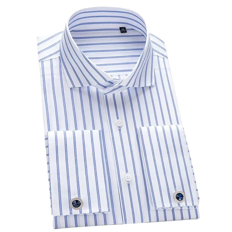 Wysokiej jakości koszule DP bez żelaza 2025 Męskie koszule Slim Fit Windsor Neck z długim rękawem Bawełniane spinki do mankietów przeciwzmarszczkowe Biała koszula — zdjęcie 2