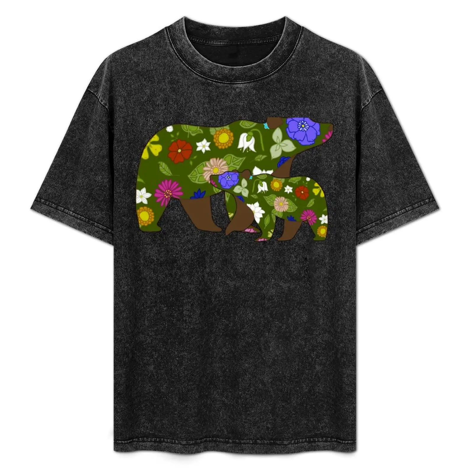 Mama Bear and Baby Bear Spring Flowers T-Shirt Everyday Wear Basic Short Sleeve Top