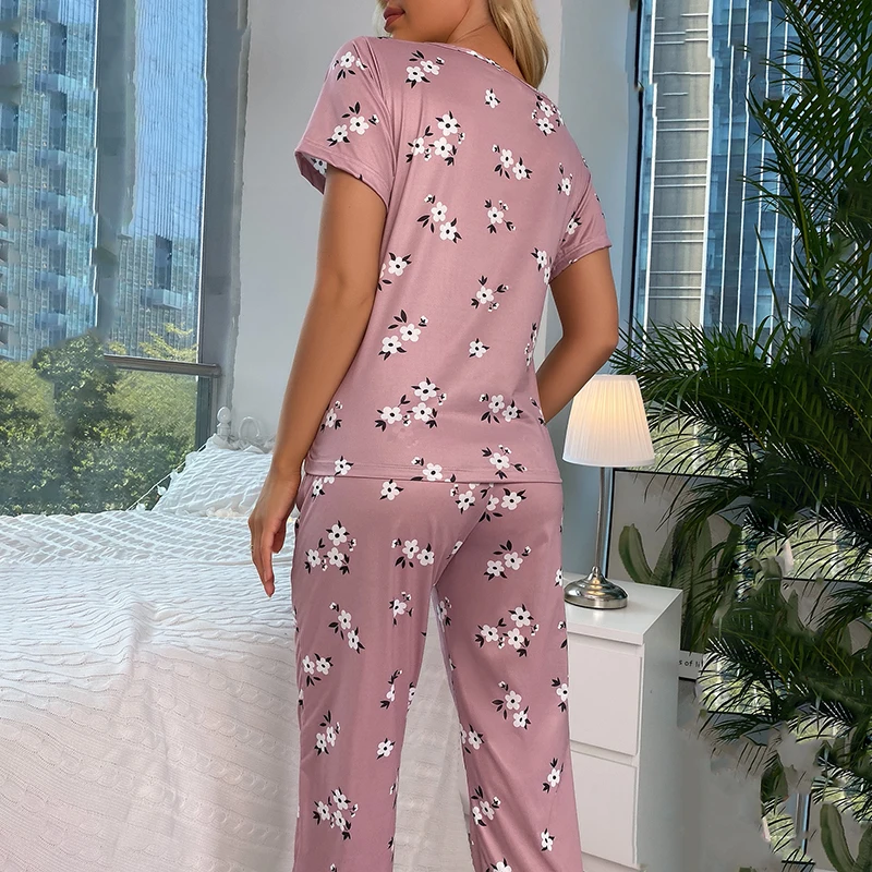 Damen-Pyjama-Set mit Cartoon-Druck, kurzärmelig, Oberteil, lange Hose, weiche, bequeme Nachtwäsche für Damen, Homewear-Pyjama – Detail 29