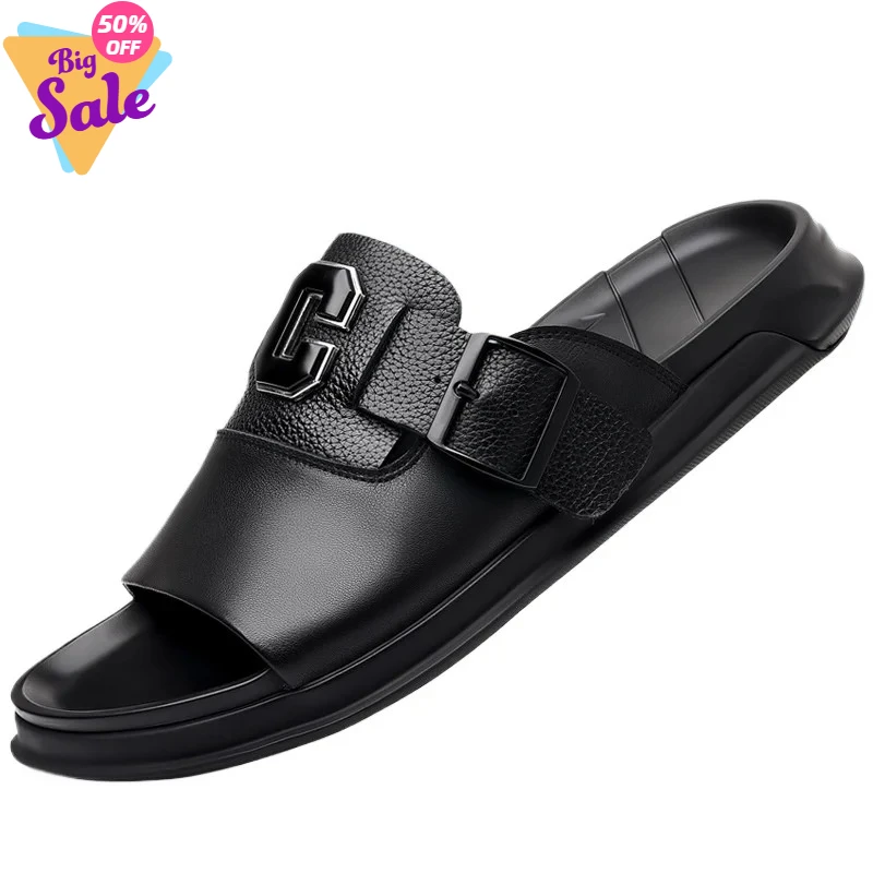 

Мужская верхняя одежда, тапочки из натуральной кожи для мужчин, модные дизайнерские летние шлепанцы с пряжкой, мужская повседневная нескользящая пляжная обувь для мужчин