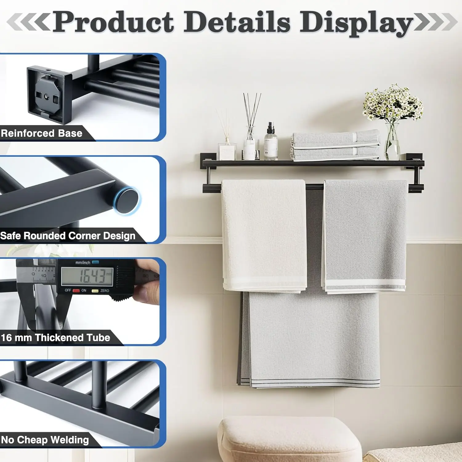 Double Towel Rack 24-Inch Heated Towel Shelf With 4 Bars SUS304 Stainless Steel Wall-Mounted Modern Bathroom Towel Holder