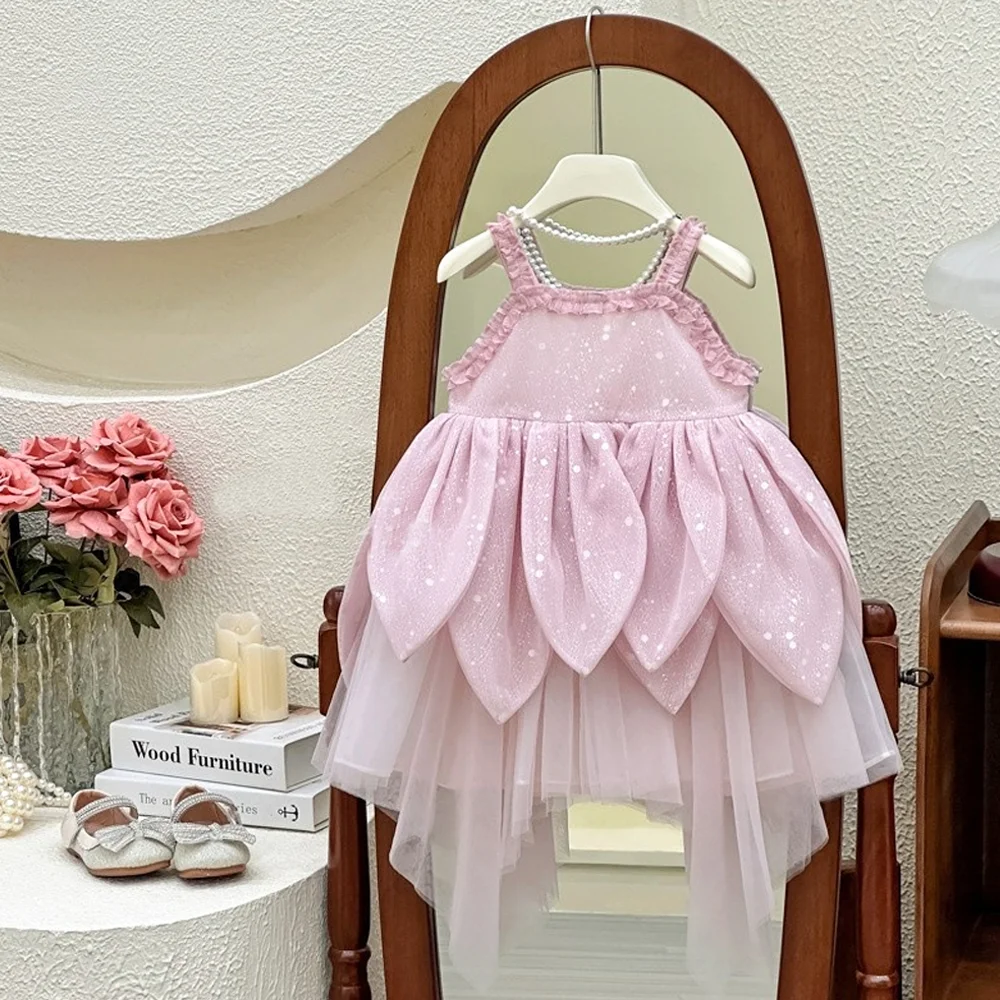

Princess Dress For Girls Pink Slip Dress Sequined Skirt Korean Style Lotus Dress Girls Elegant Clothing Party Night Birthday