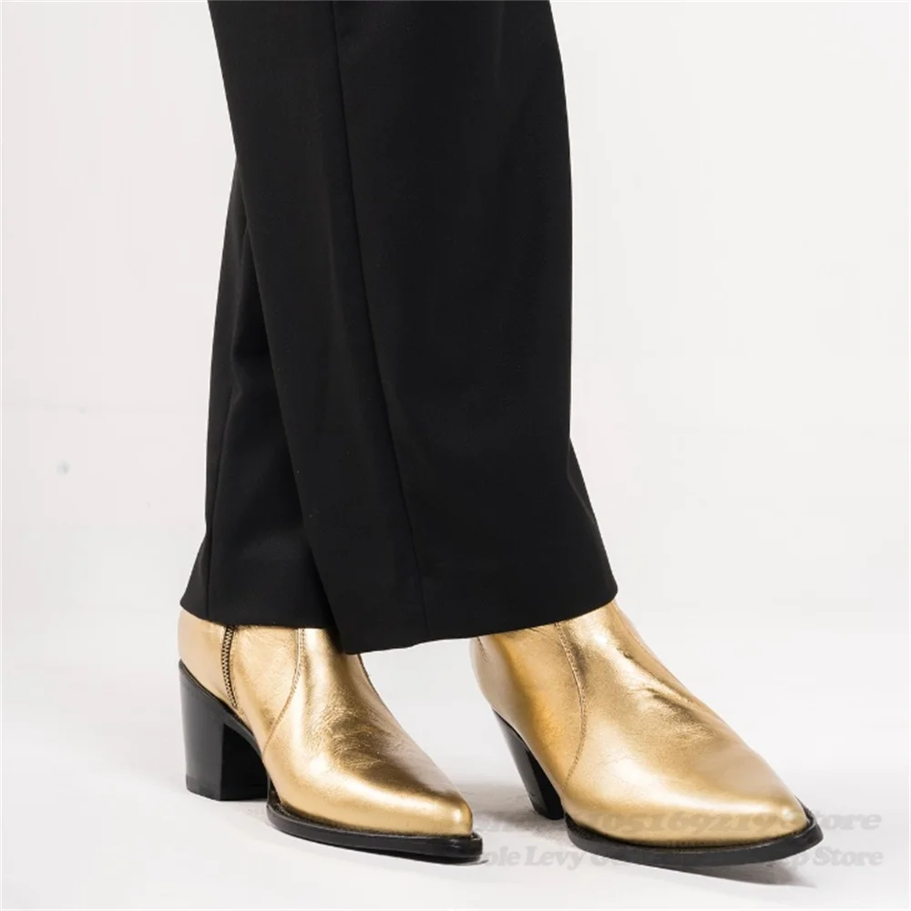 

Chelsea Boots Men 2025 New Gold Pointed 6cm British Leather Side Zipper Chunky Heel Winter New Trendy Elegant Short Boot