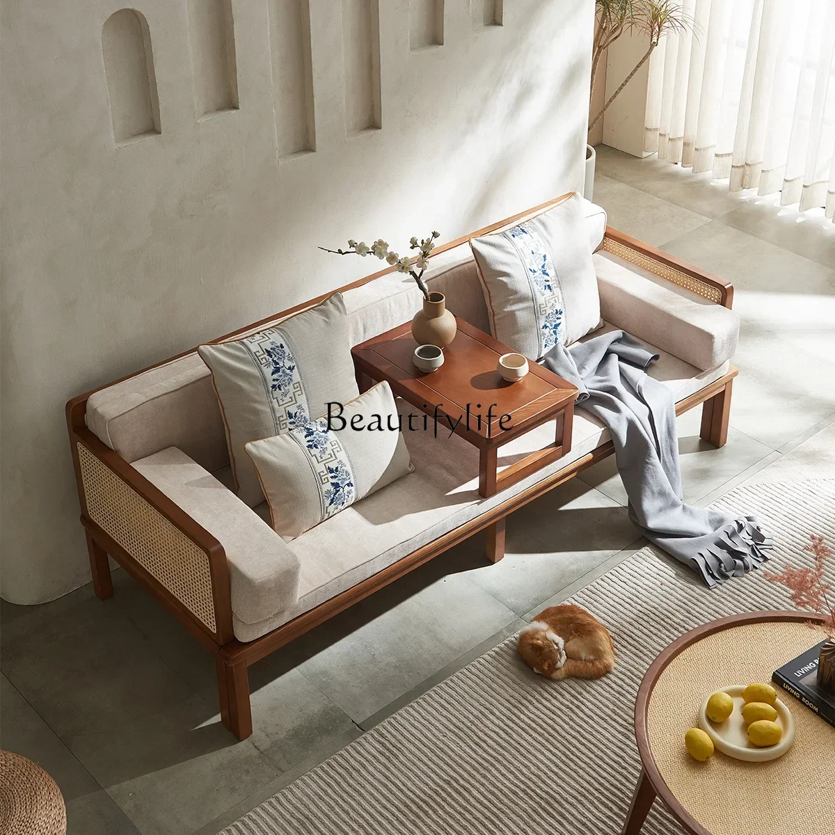 

Solid wood Arhat bed combination small apartment new Chinese ash wood pulling retractable bed couch rattan sofa