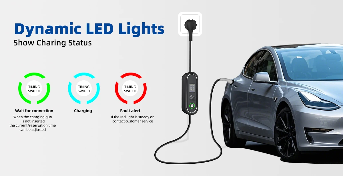 Typ 2 Tragbares EV-Ladegerät 5M 16A 3,5kW Einphasig Einstellbarer Strom Kabel Wandmontierte Ladestation – Detail 5