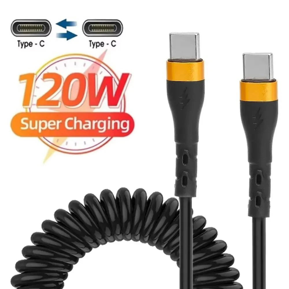 120W Type C To Type C Cable PD 5A Fast Charging USB C to Type-C Car Spring Telescopic Charger Cable For iPhone 15 Xiaomi Samsung