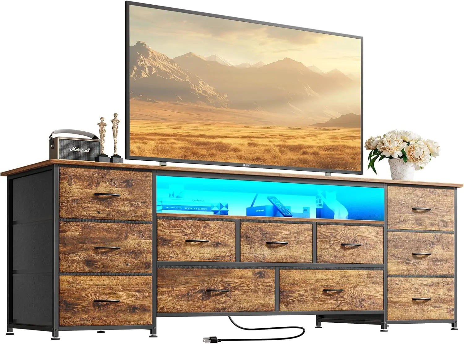 

63-Inch TV Stand for 65-70 Inch TVs, 11-Drawer Dresser with Power Outlets & LED Lights, Rustic Brown Entertainment Center