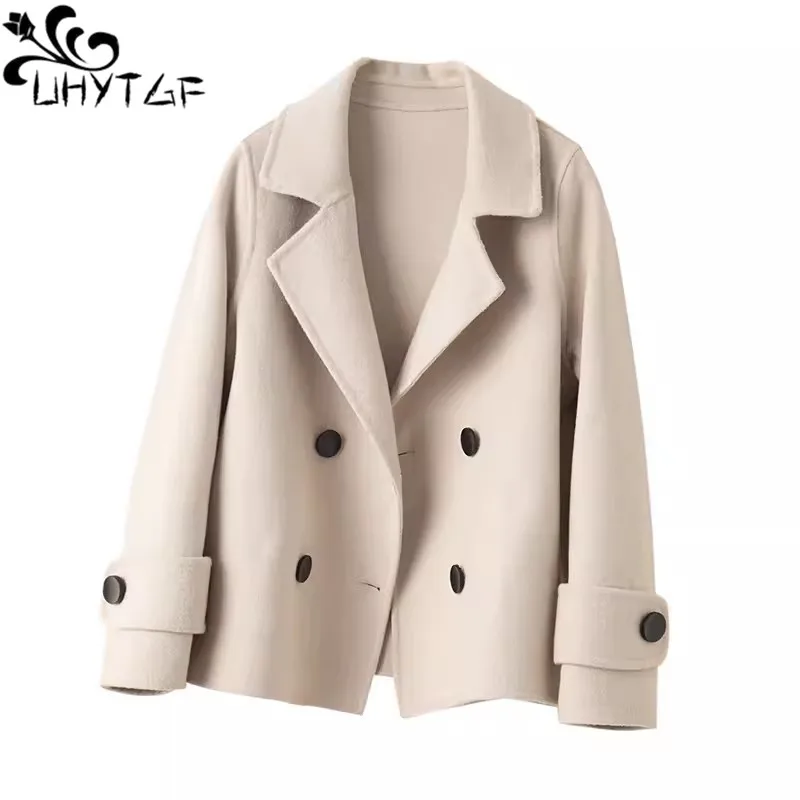 UHYTGF High-End Double-Sided Cashmere Coat Women Double Breasted Casual Spring Autumn100% Wool Jacket Female Short Outewear 2620