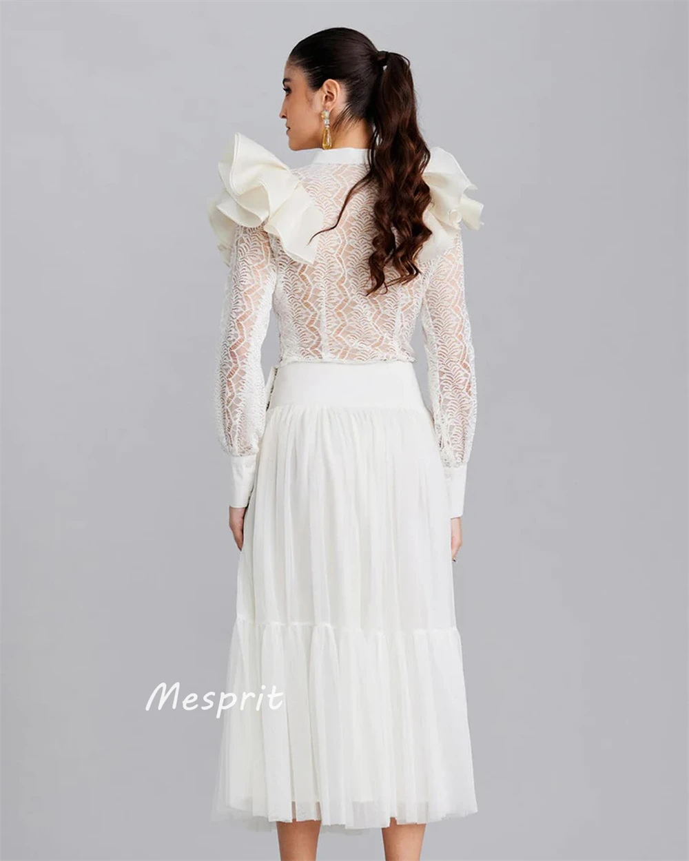 Mesprit Modern Style High collar A-line Lace Draped Pleat Ruched Ankle-Length Tulle Bespoke Occasion Dresses Prom 