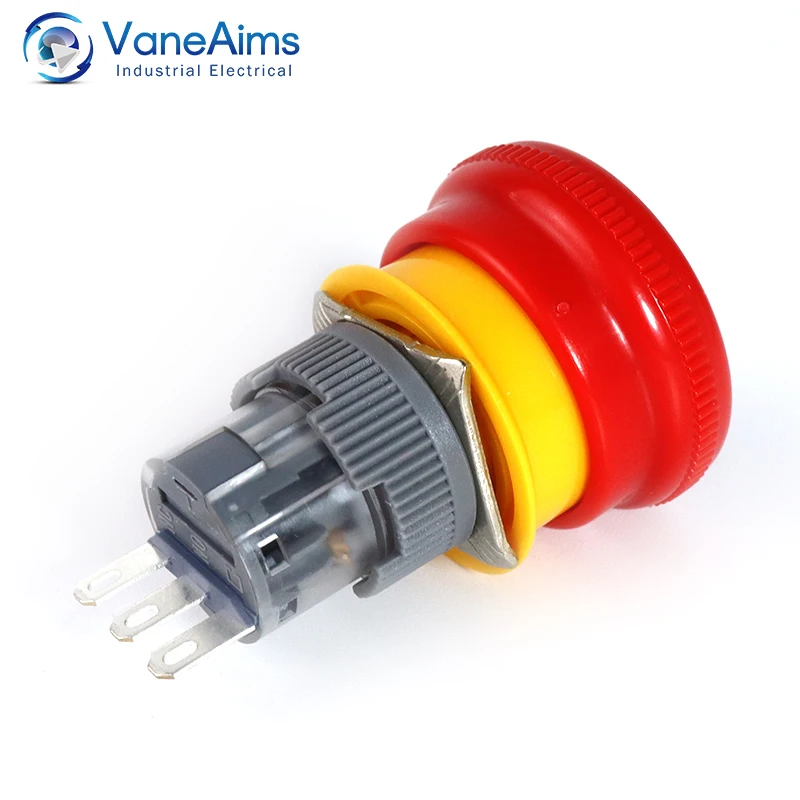 16mm Plastic Emergency Stop Switch VaneAims 1NO1NC Latching Self-locked Red Mushroom Head Push button switch Electrical Control