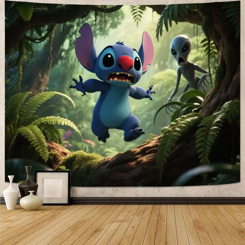 1PC 面白いディズニースティッチ&エイリアンエスケープジャングルタペストリー、漫画ポリエステルウォールアート、リビングルーム、寝室、寮の装飾用、かわいい衣類