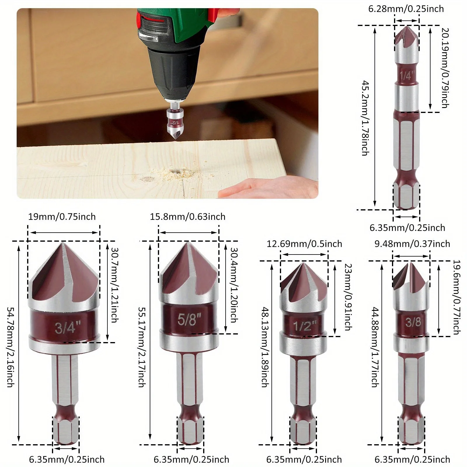 5pcs HSS Titanium Countersink Bit Set Chamfer 1/4" 3/8” 1/2” 5/8 3/4” Hex Shank for Wood Metal Deburring Chamfering Tool