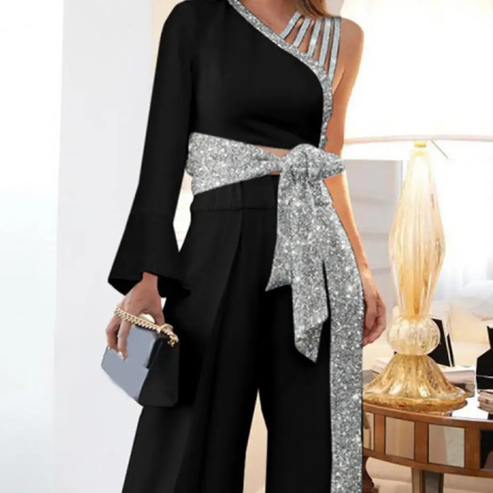 2Pcs/Set Women Outfit Bandage Bowknot Off Shoulder Bandage Suits High Waist Wide Leg Pants Patchwork Shiny Top Set Streetwear