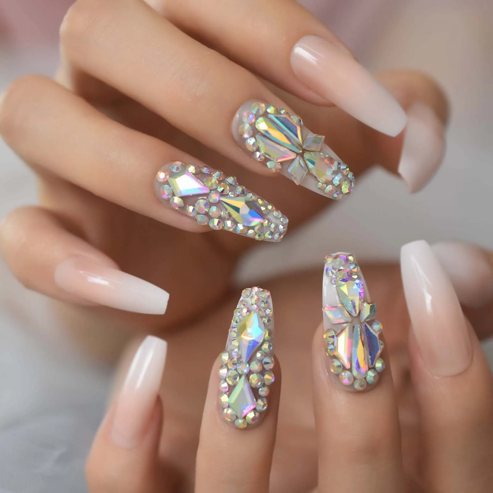 

3D Bling Press On Nails Sets Long Ballerina Coffin Ombre Faux Ongles Rhinestone High Shine Gel Nails For Wedding Vacation Women