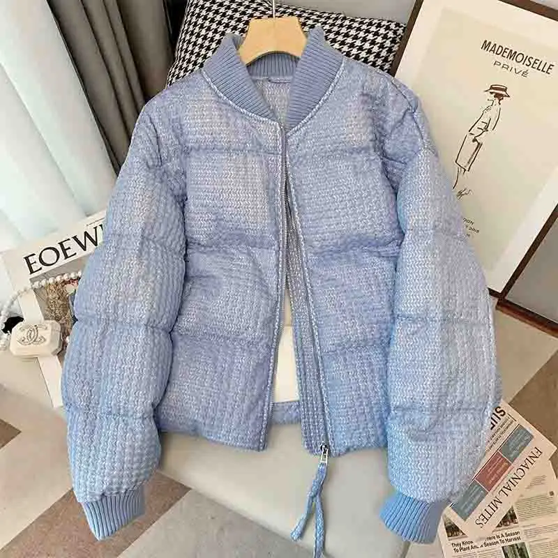 

Blue Chic Tweed Cotton Padded Coats Stand Collar Zipper Casual Winter Women Jackets Loose Warm Female Fall Outerwears 2024 New