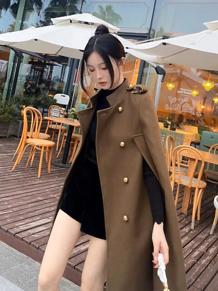 Autumn Winter Women Cloak Overcoat Stand Collar Double Breasted Loose Fit Middle Long Jacket Vintage Office Ladies Woolen Coat