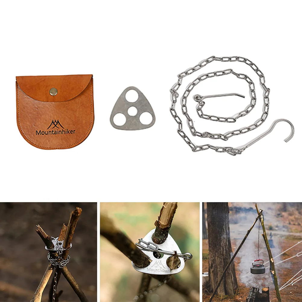 Camping Tripod Hanging Pot Bracket with Leather Storage Bag BBQ Rack Hanger Length Adjustable Chain Tripod Ring For Camp Picnic