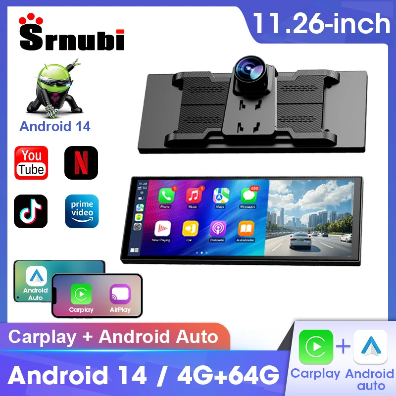 Srnubi 11.26 "Android14 جهاز تسجيل فيديو رقمي للسيارات 4G + 64G Dash Cam Carplay أندرويد السيارات عدسة مزدوجة مسجل فيديو ليوتيوب Netflix دعم 4G صافي