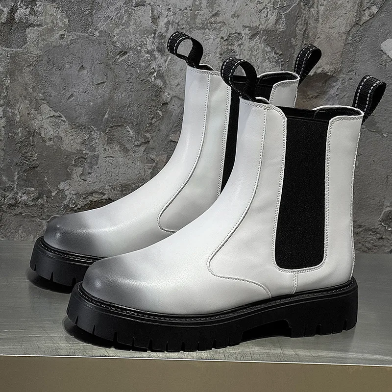 

big size mens fashion chelsea boots slip-on original leather shoes cowboy platform boot black white handsome motorcycle botas