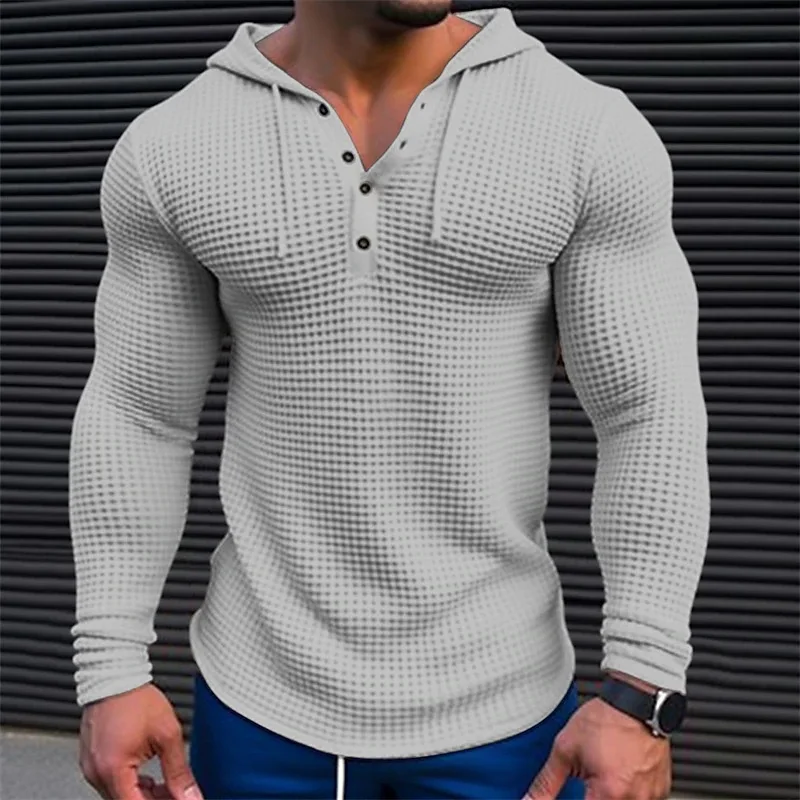 Spring Solid Slim Fit Long Sleeved T-shirt Men's Hooded Sports Tops Button V-Neck Hoodies Waffle Cotton Casual Long Sleeve Shirt